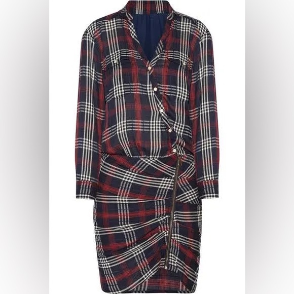 Veronica Beard Emory Ruched Cargo Plaid Shirtdress‎ Size 8 Blue Long Sleeve - Picture 11 of 12